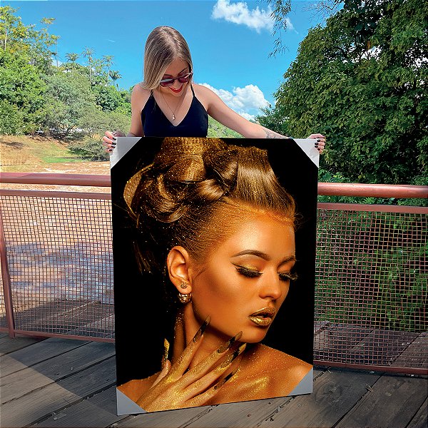 Quadro Decorativo Canvas Mulher Beleza Feminina Maquiagem Dourada Gold Luxo Penteado Vertical