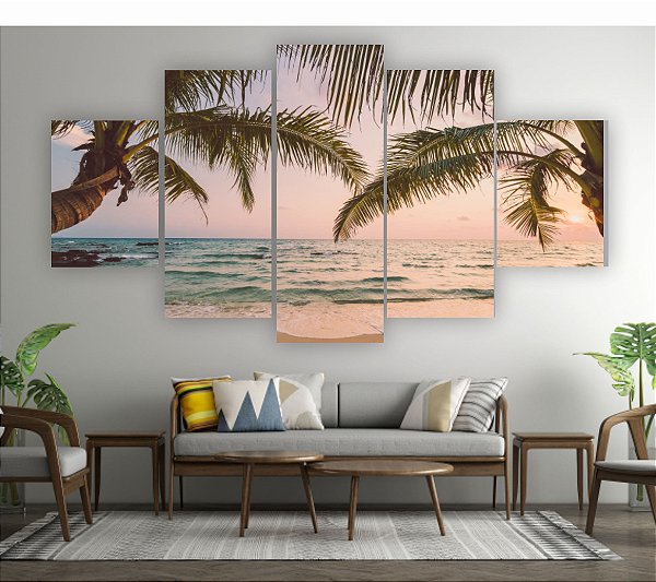 Quadros Decorativos Mosaico 5 peça Praia Paz Coqueiros Amanhecer 115x60cm