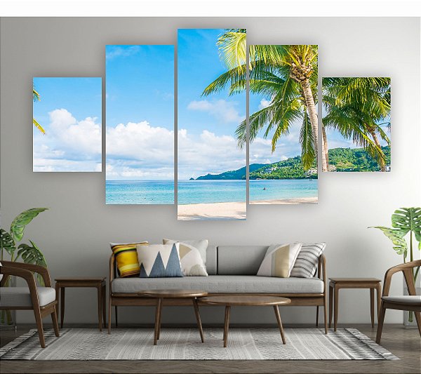 Quadros Decorativos Mosaico 5 peça Praia Mar Azul Coqueiros 115x60cm