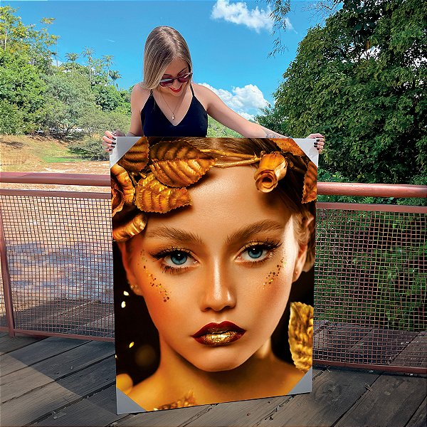 Quadro Decorativo Canvas Mulher Beleza Feminina Batom Gold Coroa de Flores Vertical