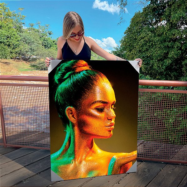 Quadro Decorativo Canvas Mulher Beleza Feminina Perfil Maquiagem Dourada Gold Luxo Vertical