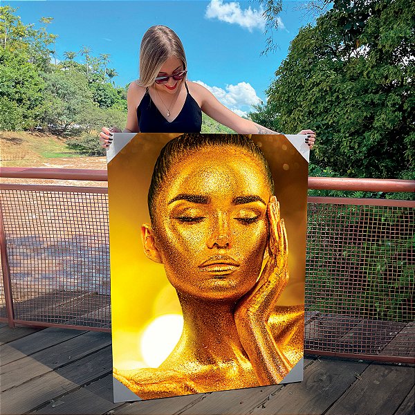 Quadro Decorativo Canvas Mulher Beleza Feminina Pele Dourada Gold Brilho Luxo Vertical