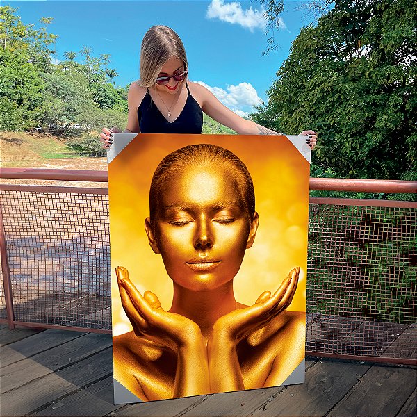 Quadro Decorativo Canvas Mulher Beleza Feminina Maquiagem Dourada Gold Luxo Vertical