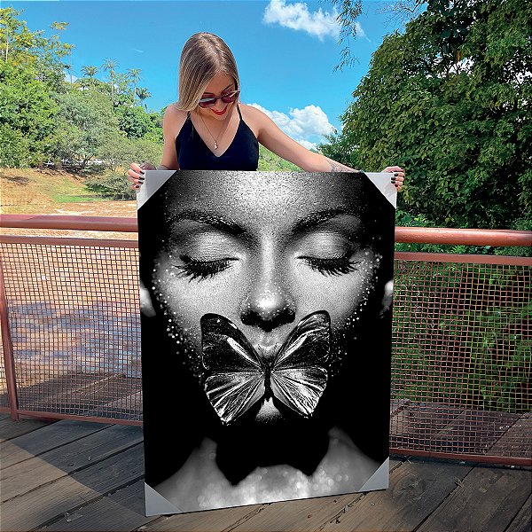 Quadro Decorativo Canvas Mulher Beleza Feminina Borboleta Preto e Branco Vertical