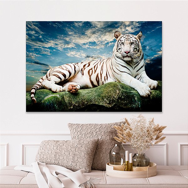 Quadro Decorativo Canvas Animal Selvagem Tigre Branco Horizontal