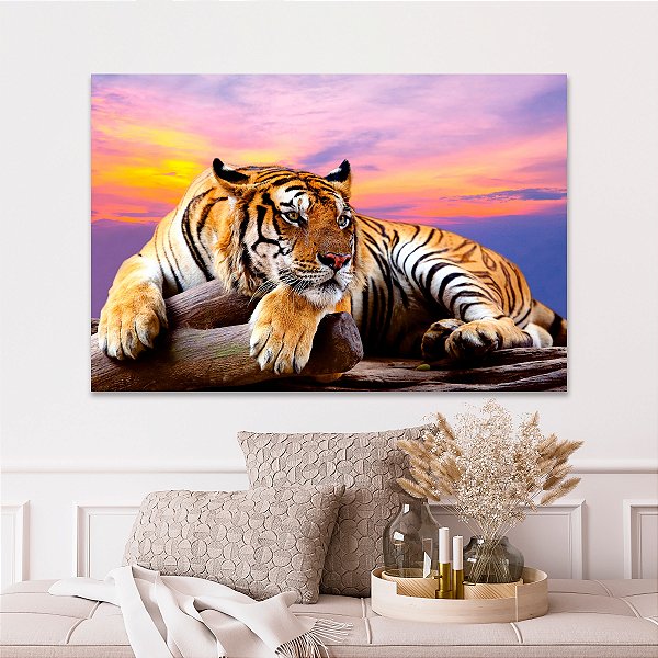Quadro Decorativo Canvas Animal Selvagem Tigre Deitado na Pedra Horizontal