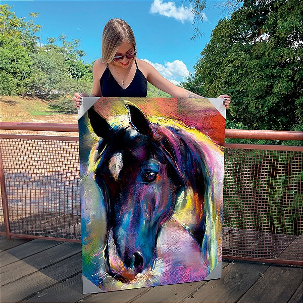 Quadro Decorativo Canvas Animal Arte Abstrata Pintura de Cavalo Colorido Vertical