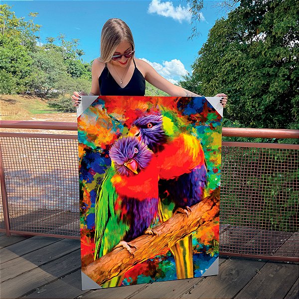 Quadro Decorativo Canvas Pássaros Papagaios Coloridos na Floresta Vertical