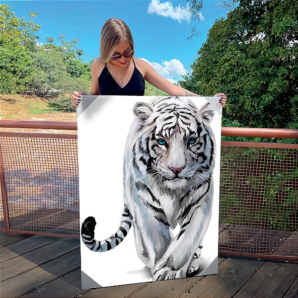 Quadro Decorativo Canvas Animal Selvagem Tigre Branco Caminhando Fundo Branco Vertical