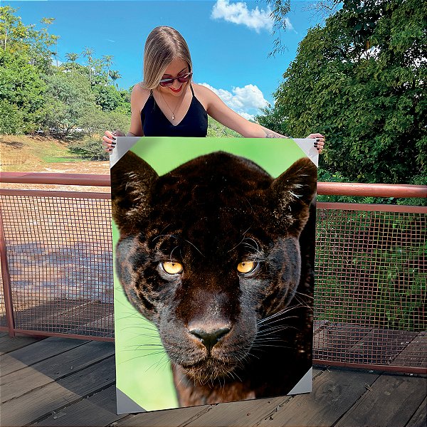 Quadro Decorativo Canvas Animal Selvagem Pantera Negra Olhos Amarelos Fundo Verde Vertical