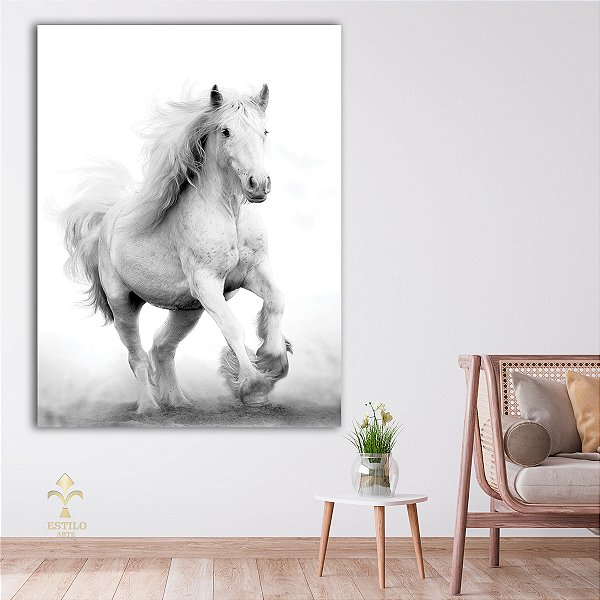 Cavalo Com Crina Branca Desenho Arte Quadro Canvas 60x40cm