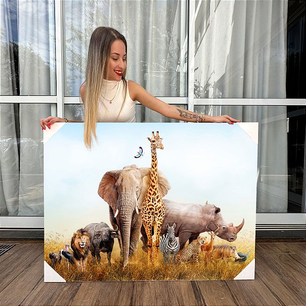 Quadro Decorativo Canvas Paisagem de Animais Selvagens Safari Horizontal
