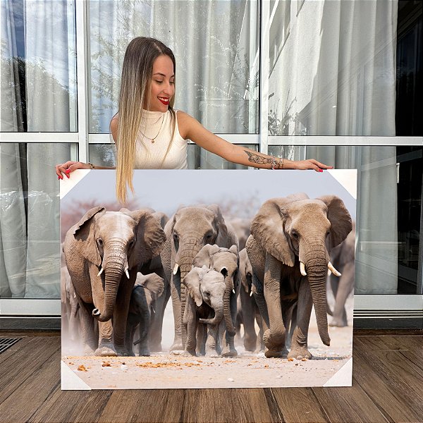 Quadro Decoração Canvas Paisagem Manada de Elefantes Caminhando Horizontal