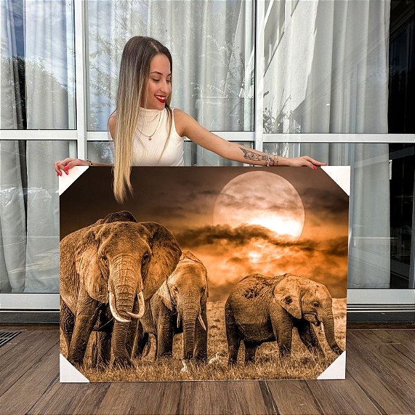Quadro Decoração Canvas Manada de Elefantes Sob o Luar Horizontal