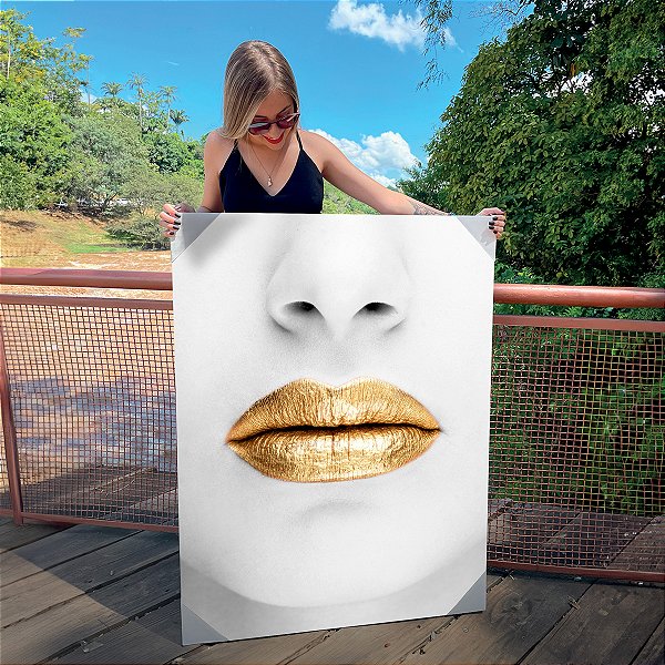 Quadro Decoração Canvas Rosto Feminino Lábios Dourados Gold Vertical