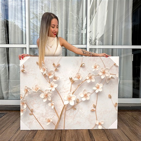 Quadro Decoração Canvas Árvore de Flores Brancas Abstratas Horizontal