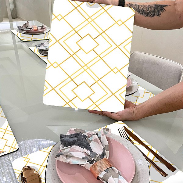 3062] Kit 8 Peças Mesa Posta - 4 Sousplast para Pratos e 4 Porta Copos Geométrico Fundo Branco e Degradê Dourado
