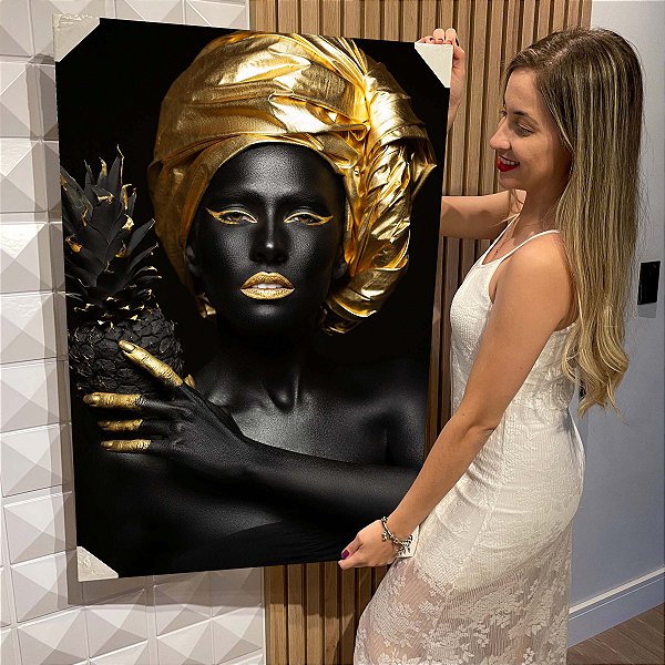 Quadro Decorativo Flutuante Mulher com Maquiagem Preto e Dourada com Abacaxi