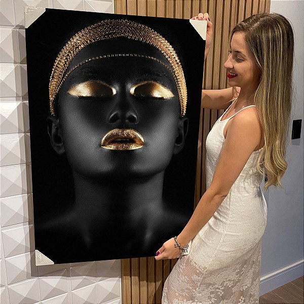 Quadro Decorativo Flutuante Mulher com Maquiagem Preto e Dourada com Tiara Dourada