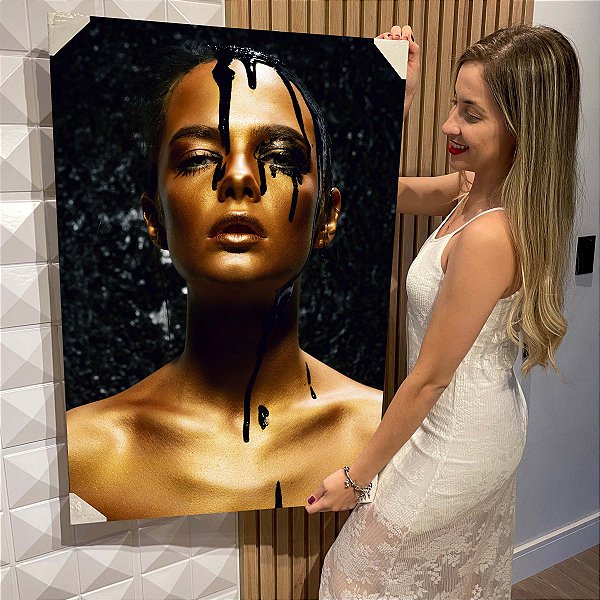 Quadro Decorativo Flutuante Mulher com Maquiagem Dourada e Gotas Preta