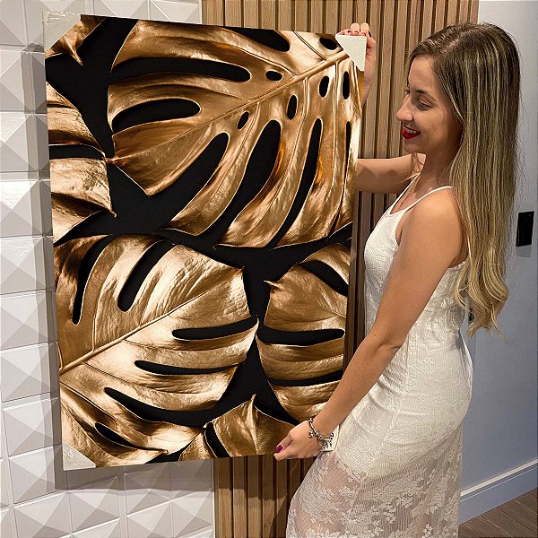 Quadro Decorativo Flutuante Costela de Adão Dourada Fundo Preto