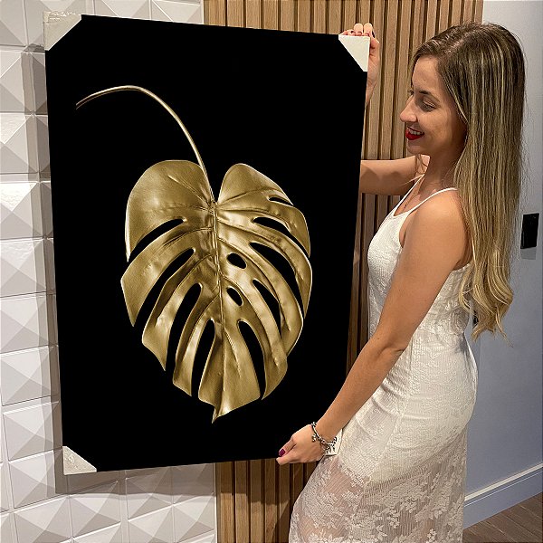 Quadro Decorativo Flutuante Costela de Adão Dourada Golden Fundo Preto