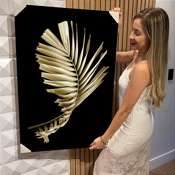 Quadro Decorativo Flutuante Folha de Palmeira Dourada Fundo Preto Vertical