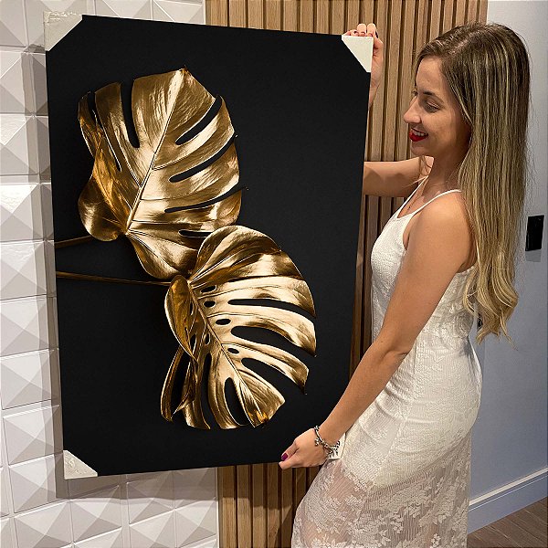 Quadro Decorativo Flutuante Costela de Adão Dourada Fundo Preto