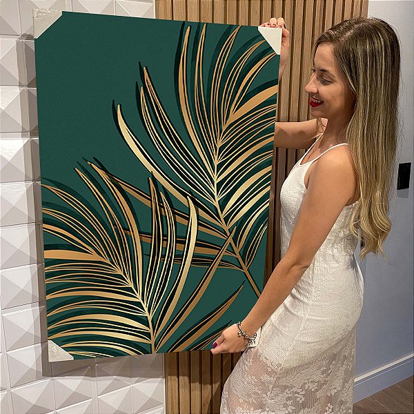 Quadro Decorativo Flutuante Folhas Fundo Verde Vertical