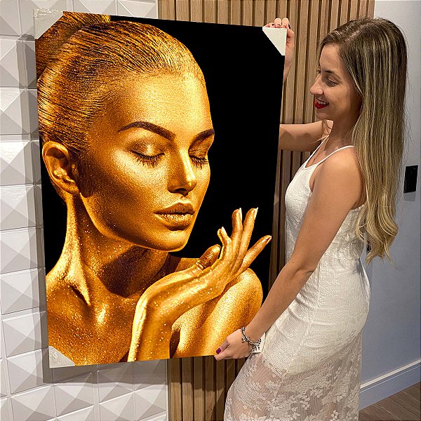 Quadro Decorativo Flutuante Rosto Feminino Dourado Olhos Fechados Perfil Vertical