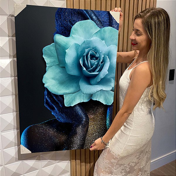 Quadro Decorativo Flutuante Floral Rosa na Cor Azul