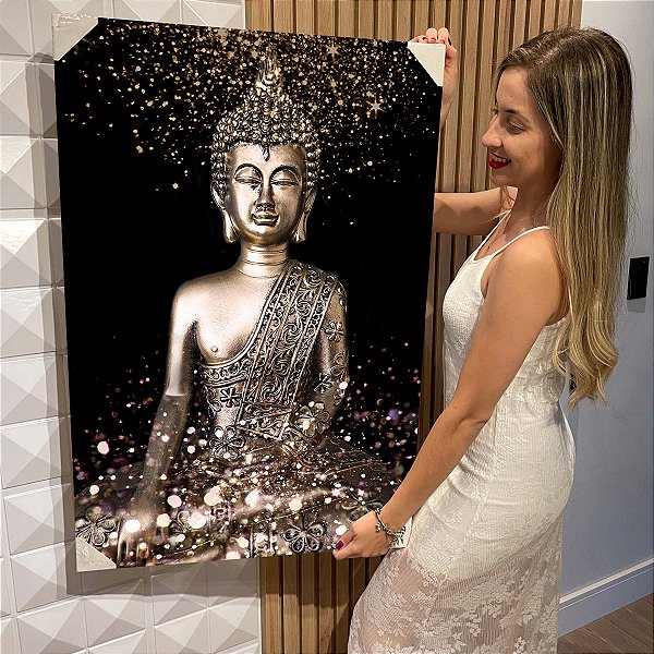 Quadro Decorativo Flutuante Religioso Buda Dourado com Fundo Preto