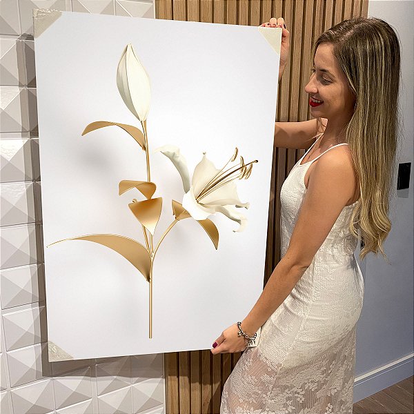 Quadro Decorativo Flutuante Floral Ramo de Flores Brancas e Douradas Gold