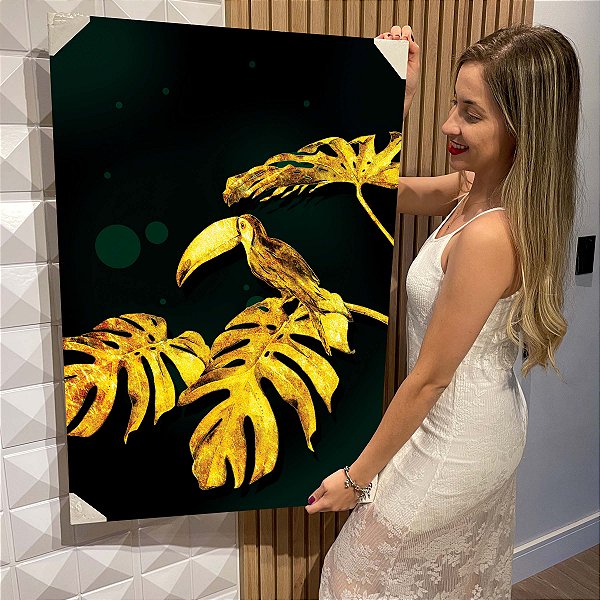 Quadro Decorativo Flutuante Botânico Costela de Adão e Tucano Dourado