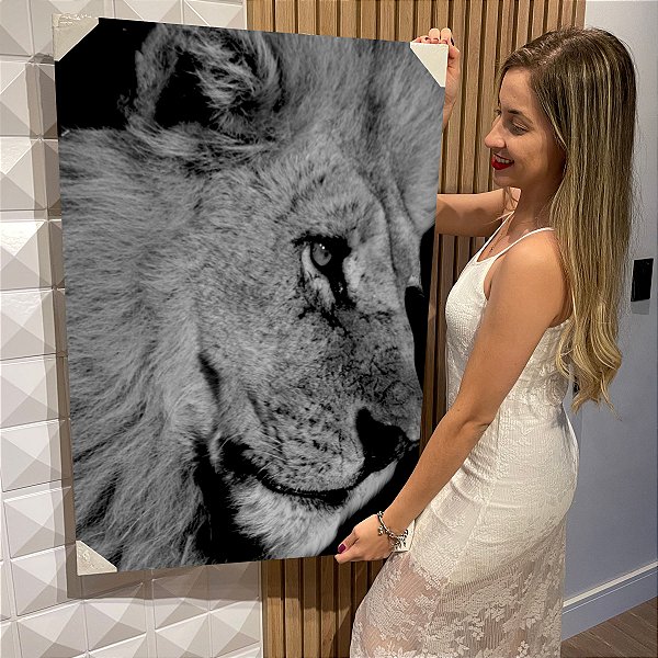 Quadro Decorativo Flutuante Animal Silvestre Leão Perfil Preto e Branco