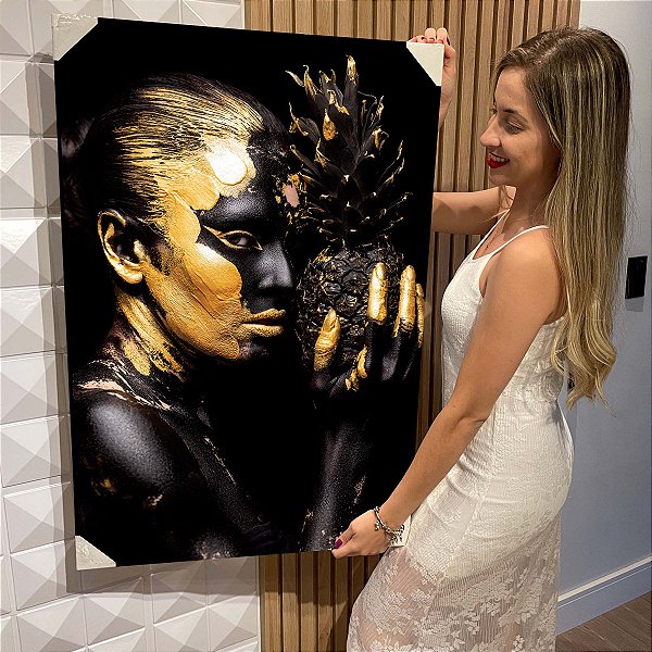 Quadro Decorativo Flutuante Beleza Feminina Mulher com Maquiagem Preta e Dourada