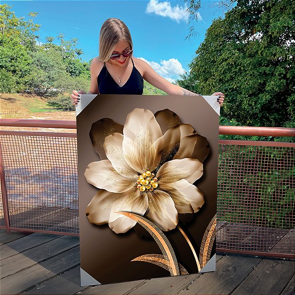Quadro Decorativo Canvas Floral Gold Esmeralda Branca Vertical