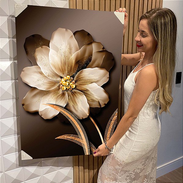 4000] Quadro Decorativo Flutuante Floral Dourado com Pérolas Vertical