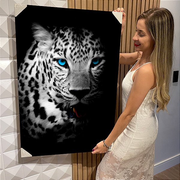 Quadro Decorativo Tigre Preto e Branco Olhos Azuis