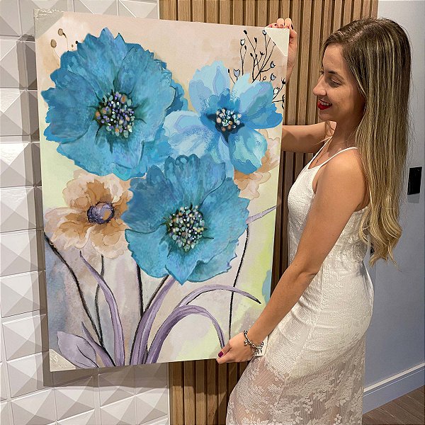 Quadro Decorativo Flutuante Floral Flores Azuis Pintura a Óleo Vertical