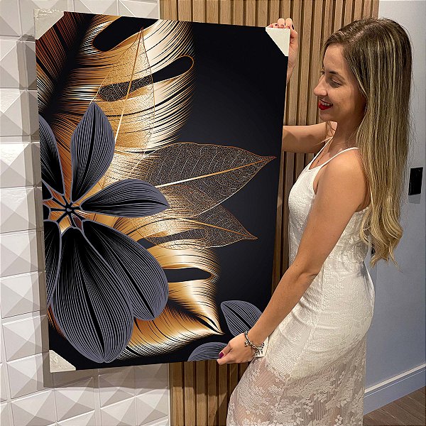 Quadro Decorativo Flutuante Folhas Pretas e Douradas Asbtrato Vertical