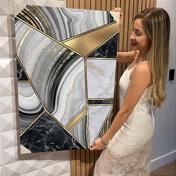 Quadro Decorativo Flutuante Abstrato Mosaico Orgânico Preto e Dourado Vertical
