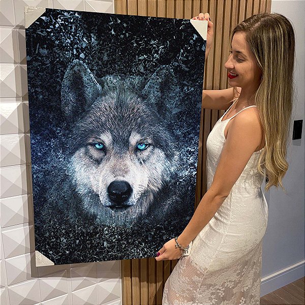 Quadro Decorativo Flutuante Animal Selvagem Lobo com Olho Azul Vertical
