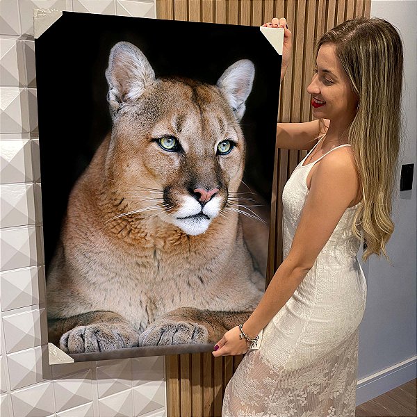 Quadro Decorativo Flutuante Animal Selvagem Puma com olhos verdes Perfil Vertical