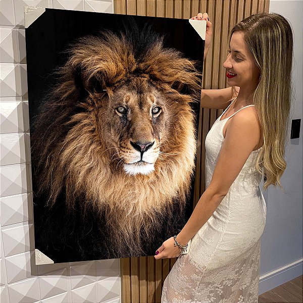 Quadro Decorativo Flutuante Animal Selvagem Leão de Perfil com Juba Grande Vertical