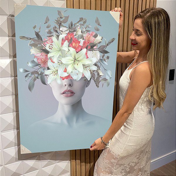 Quadro Decorativo Flutuante Beleza Feminina Face com Flores Vertical