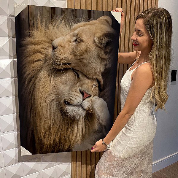 Quadro Decorativo Flutuante Animais Selvagens Carinho da Familia Leão Vertical