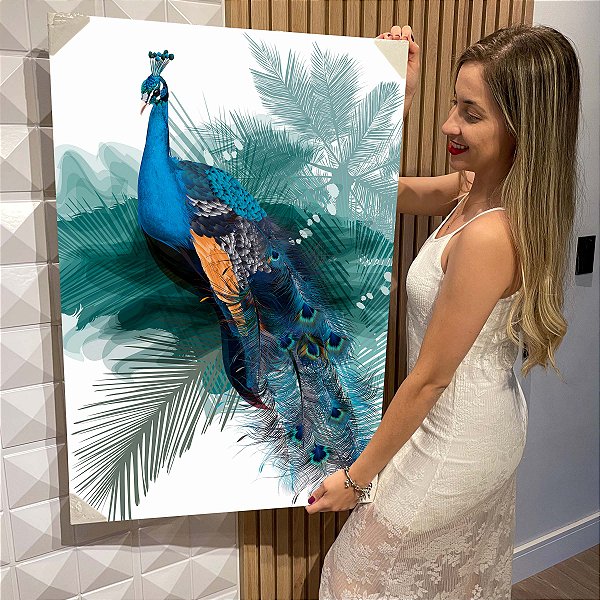 Quadro Decorativo Flutuante Animal Pintura de Pavão Fundo Branco Vertical