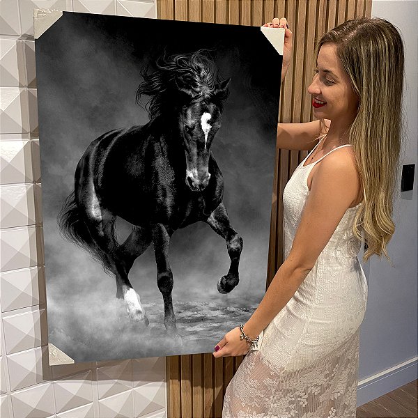 Quadro Decorativo Flutuante Animal Cavalo Preto e Banco Vertical