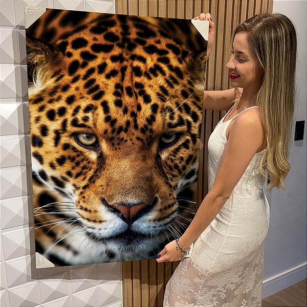 Quadro Decorativo Flutuante Animal Selvagem Face Frontal Onça Pintada Colorido Olhos Verdes Vertical